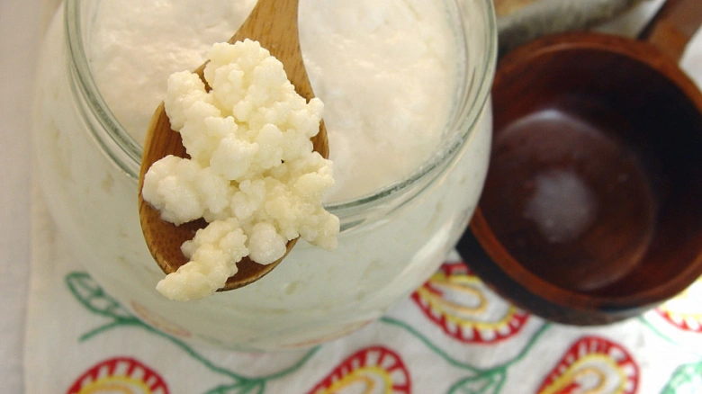 Lžíce s kousky acidofilního mléka nad sklenicí fermentovaného produktu.