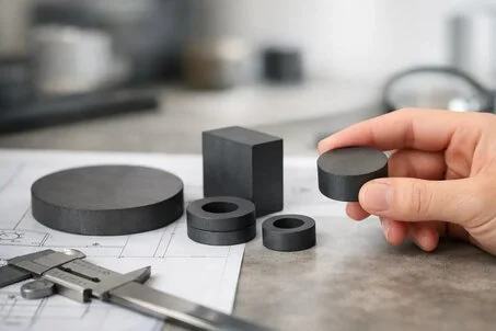 Různé tvary neodymových magnetů s měřicím nástrojem na pracovní ploše.