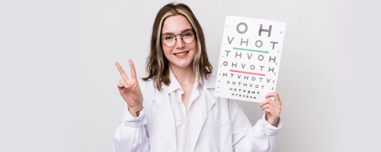 Žena oftalmoložka s očnicí ukazuje na oční tabulku.