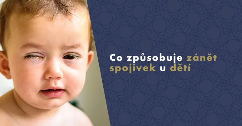 Pláčající dítě s červeným okem na modrém pozadí.