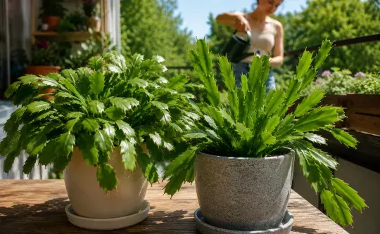 Two potted christmas cacti plants