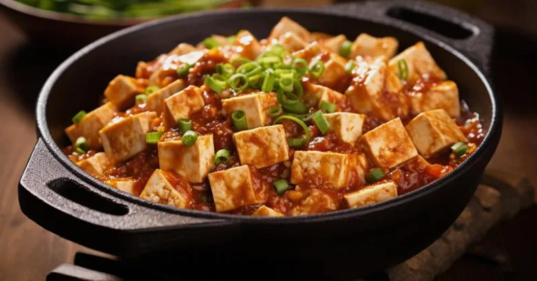 Tofu v červeno-béžové omáčce s nasekanou zelení.