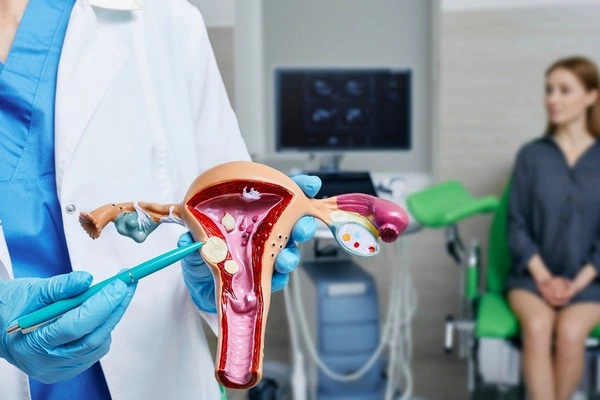Lékař ukazuje gynekologický model s vaječníkovými cystami pacientce.
