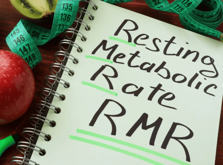 Sešit s nápisem bazální metabolismus obklopený ovocem a páskou