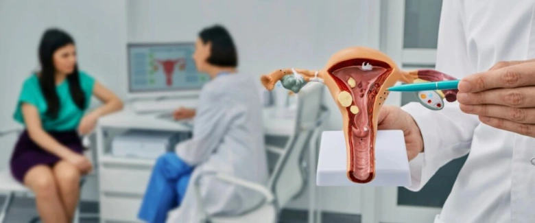 Model dělohy s příznaky endometriózy drží lékař při konzultaci.