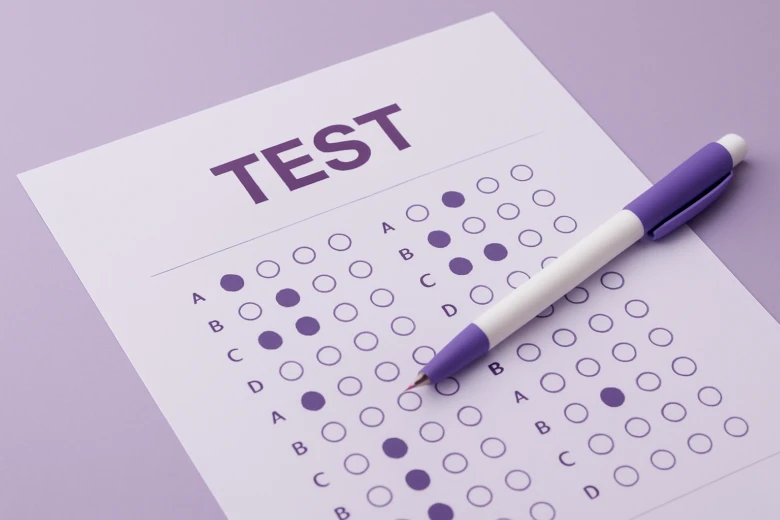 Testovací list s tužkou na fialovém pozadí.