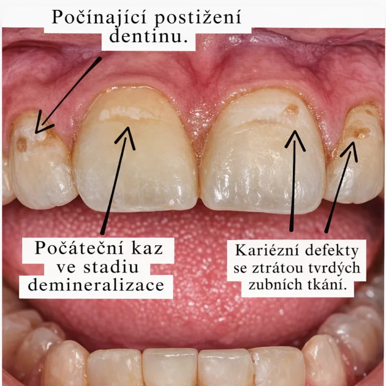 Zubní kaz v počáteční fázi s viditelnými defekty na povrchu zubů.