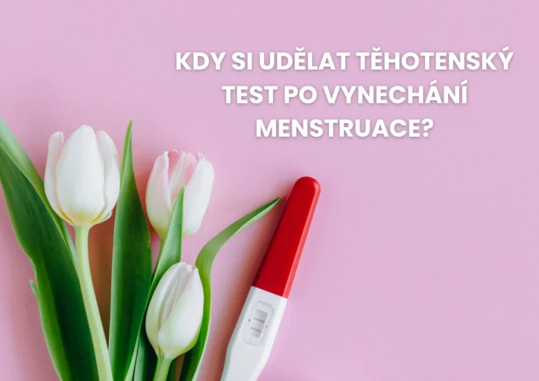 Těhotenský test vedle bílých třešní na růžovém pozadí.