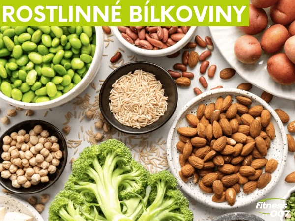 Různé rostlinné bílkoviny jako sójové boby, ořechy a zelenina.