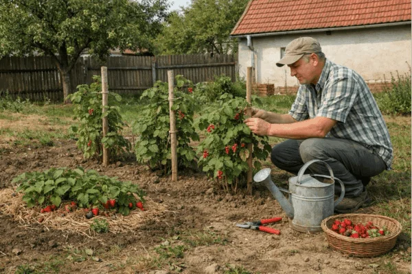 Muž pěstuje bobuloviny ve zahradě s košíkem plným jahod.