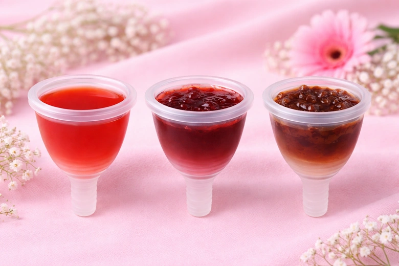 Tři menstruační šálky s tekutinami různých barev na růžovém pozadí.