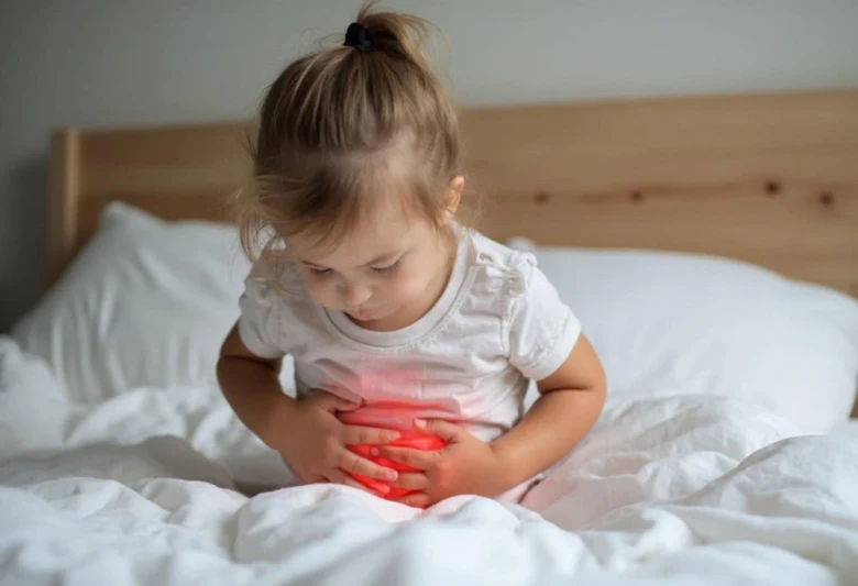 Dívka sedí na posteli a drží si břicho kvůli bolesti.