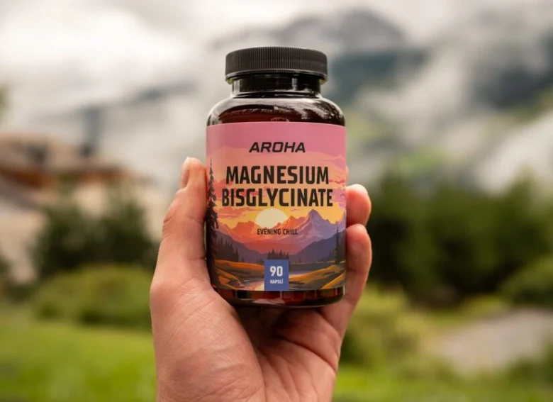 Ruka drží lahvičku s hořčíkem bisglycinát na venkovní pozadí.