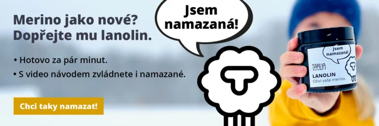 Muž drží lahvičku s lanolínem vedle kresby ovce.
