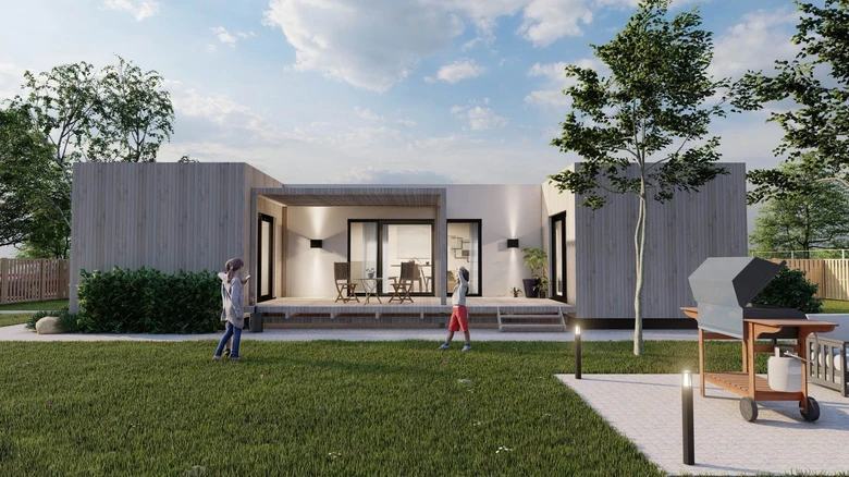 Moderní modulový dům s zahradou a dětmi hrajícími se venku.