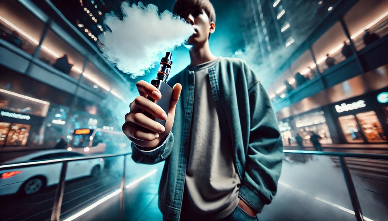 Mladý člověk kouří elektronickou cigaretu na ulici.