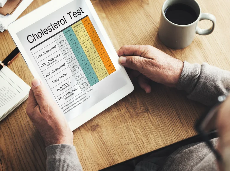 Digitální zpráva o výsledcích krevního testu na cholesterol s hladinami lipidů.