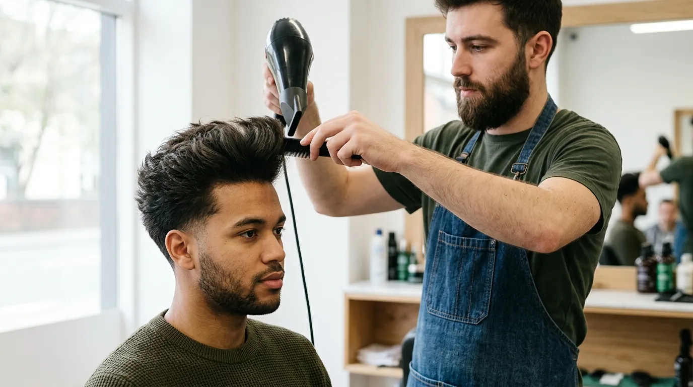 Barber upravuje chlapecký účes fénem a hřebenem v kadeřnictví.