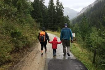 Family hiking on path