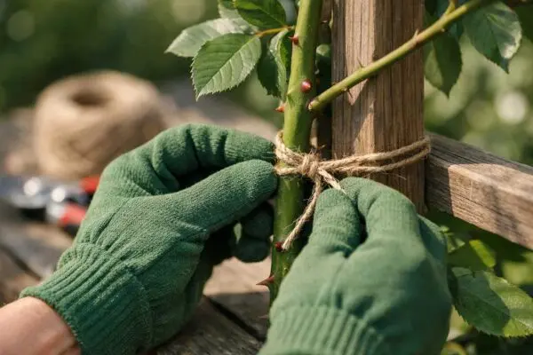 Hands tying rose to stake